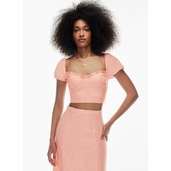 Aritzia WILFRED Wander Coral Linen Cropped Puff Sleeve Bustier Blouse, Size M - Picture 9 of 14
